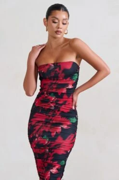 My Girl | Black & Red Floral Print Bandeau Bodycon Ruched Mesh Midi Dress -Sangyong Store WB HR CL127347 MyLady Black RedFloralPrintBandeauBodyconRuchedMeshMaxiDress3 1