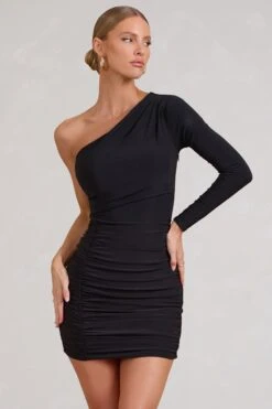 Invite | Black Asymmetric One Shoulder Ruched Detail Mini Dress -Sangyong Store WB HR CL127380002 InviteBlackAsymmetricOneShoulderRuchedDetailMiniDress0