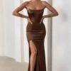 Sensual Notes | Chocolate Brown Satin Strapless Corset Thigh Split Maxi Dress
