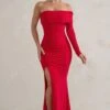 Meghan | Red Bardot Neck Thigh Split Fishtail Maxi Dress -Sangyong Store WB HR CL127640 MeghanRedBardotNeckThighSplitFishtailMaxiDress0