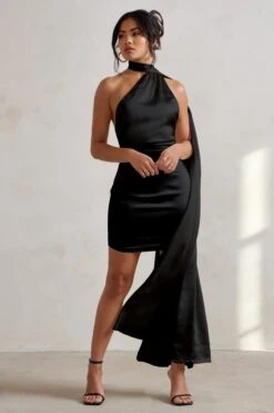 Nasira | Black Satin Asymmetric Scarf Neck Backless Mini Dress -Sangyong Store WB HR CL127656 NasiraBlackAsymmetricNeckMiniDressWithScarfDetail0 01