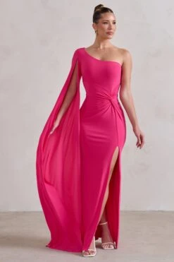 Romi | Hot Pink One Shoulder Twist Design Maxi Dress -Sangyong Store WB HR CL127683 RomiHotPinkOneShoulderTwistDesignMaxiDress2