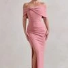 Eva | Powder Pink Bardot Bow Detail Maxi Dress With Thigh Split -Sangyong Store WB HR CL127770 EvaPowderPinkBardotBowDetailMaxiDressWithThighSplit0