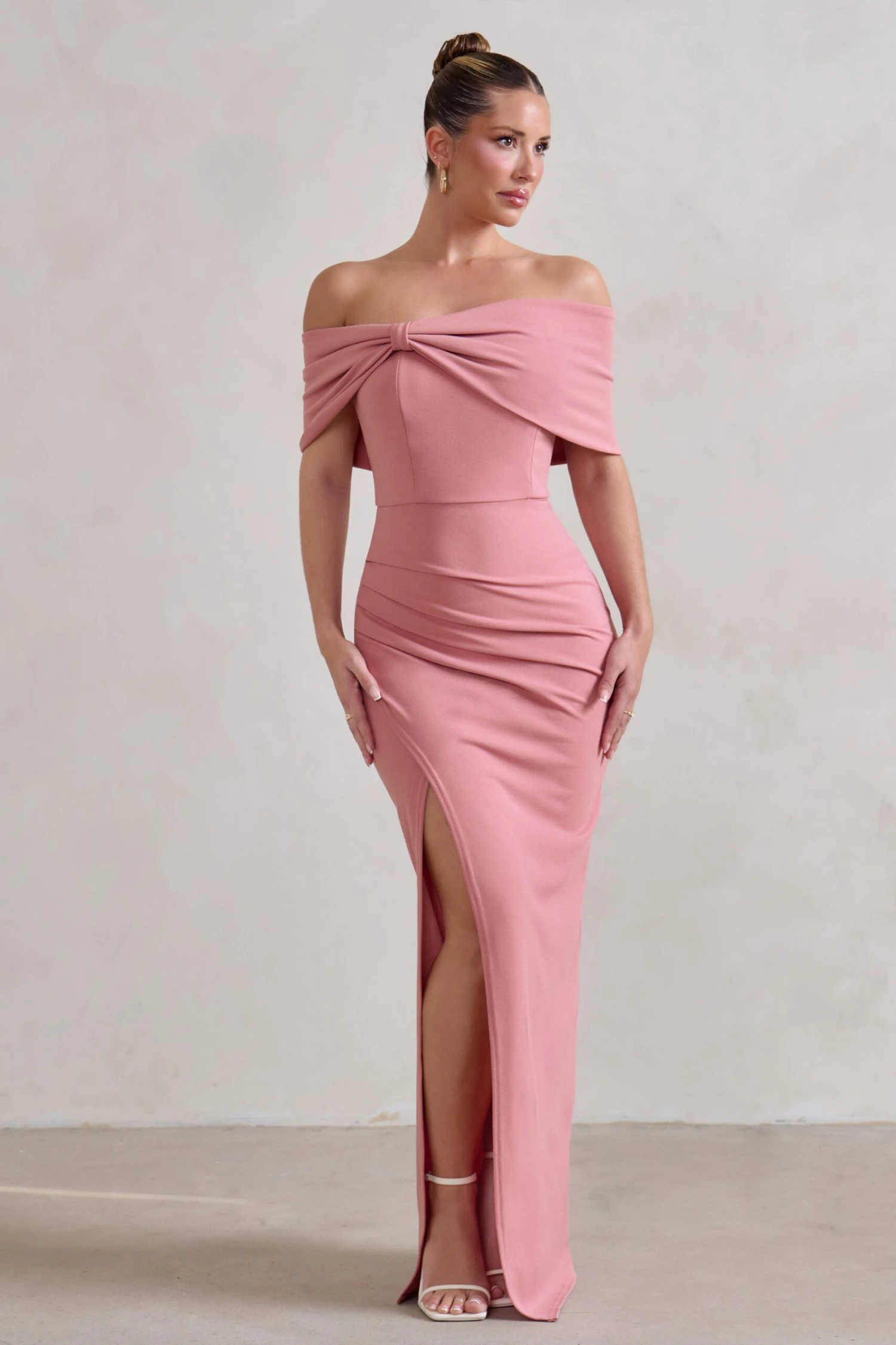 Eva | Powder Pink Bardot Bow Detail Maxi Dress With Thigh Split 3 Eva | Powder Pink Bardot Bow Detail Maxi Dress With Thigh Split