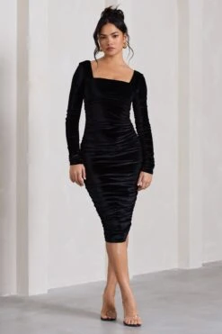 Seductress | Black Velvet Square Neck Bodycon Midi Dress With Long Sleeves -Sangyong Store WB HR CL127976002 SeductressBlackVelvetSquareNeckBodyconMidiDressWithLongSleeves0