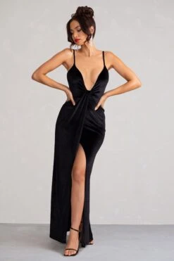 Miranda | Black Velvet Plunge Neck Twist Maxi Dress -Sangyong Store WB HR CL128168 MirandaBlackVelvetPlungeNeckTwistMaxiDress4