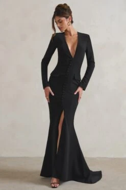 Reba | Black Plunge Long Sleeve Structured Maxi Dress With Front Split -Sangyong Store WB HR CL128300 RebaBlackPlungeLongSleeveStructuredMaxiDresswithFrontSplit2