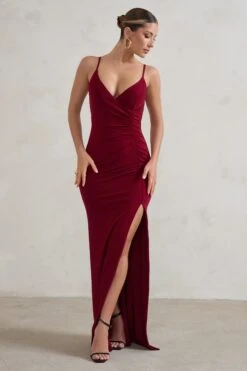 Jeanne | Berry Red Plunge Ruched Cami Maxi Dress With Split -Sangyong Store WB HR CL128392 JeanneBerryRedPlungeRuchedCamiMaxiDressWithSplit1 01