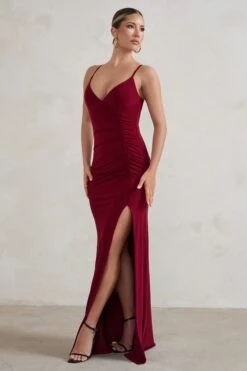 Jeanne | Berry Red Plunge Ruched Cami Maxi Dress With Split -Sangyong Store WB HR CL128392 JeanneBerryRedPlungeRuchedCamiMaxiDressWithSplit2 01