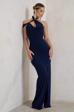 Clementine | Navy Asymmetric Neckline Maxi Dress With Thigh Split