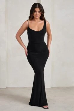 Corinne | Black Asymmetric Cowl Neck Backless Maxi Dress -Sangyong Store WB HR CL128399 CorinneBlackAsymmetricCowlNeckBacklessMaxiDress2 3effac56 fc99 4be3 bbea 24b118b15c2f