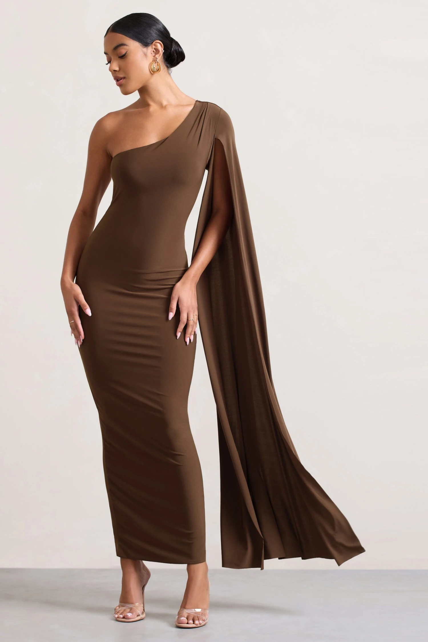 Dominique | Chocolate Brown One Shoulder Cape Sleeve Bodycon Maxi Dress 3 Dominique | Chocolate Brown One Shoulder Cape Sleeve Bodycon Maxi Dress