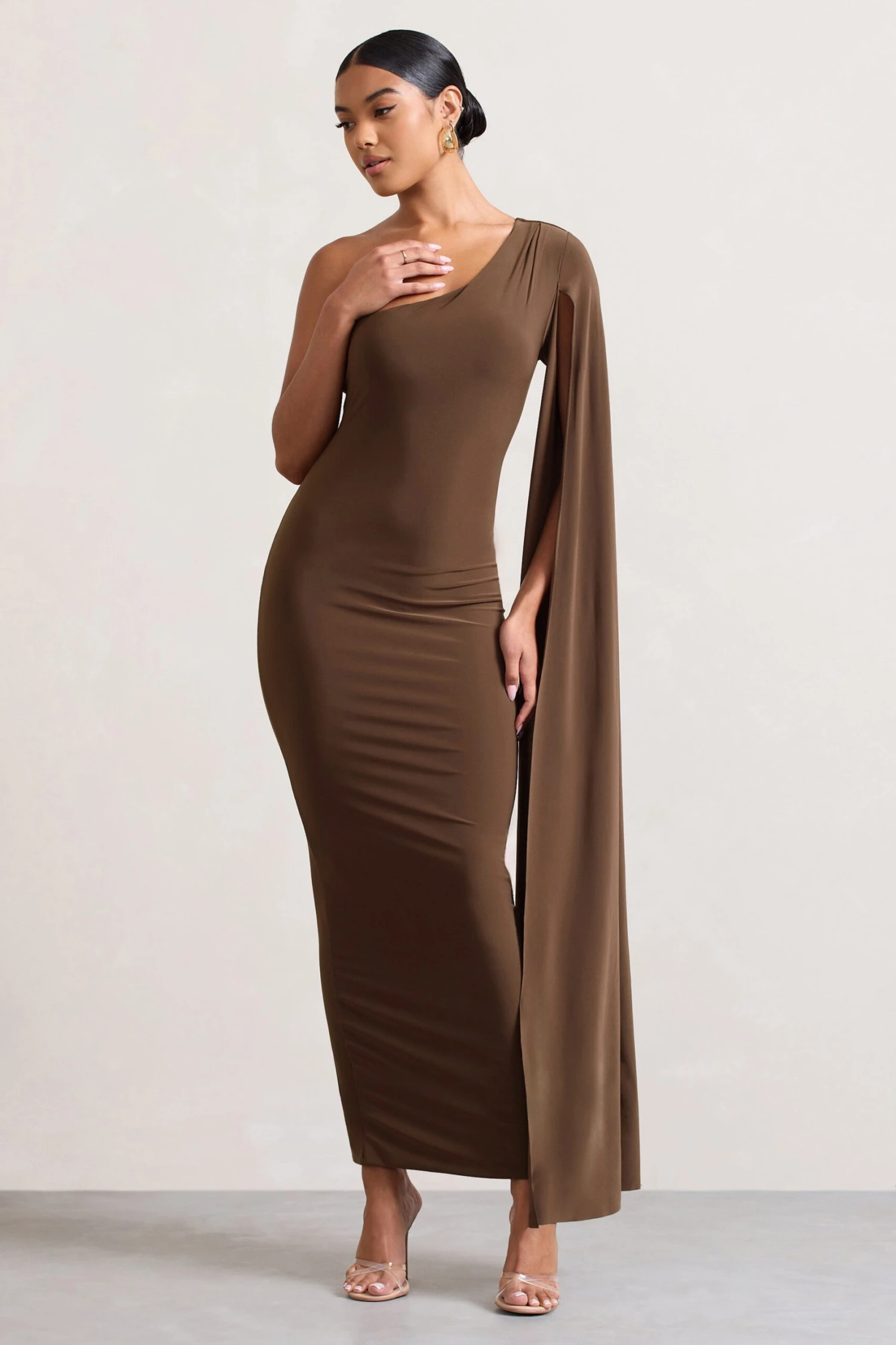 Dominique | Chocolate Brown One Shoulder Cape Sleeve Bodycon Maxi Dress 6 Dominique | Chocolate Brown One Shoulder Cape Sleeve Bodycon Maxi Dress - Image 4