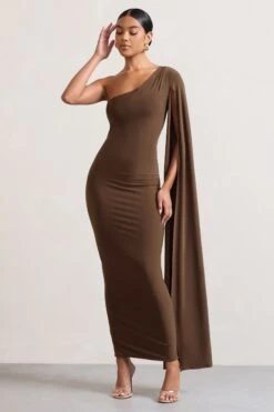 Dominique | Chocolate Brown One Shoulder Cape Sleeve Bodycon Maxi Dress 11 Dominique | Chocolate Brown One Shoulder Cape Sleeve Bodycon Maxi Dress -Sangyong Store WB HR CL128400067 Dominique ChocolateOneShoulderCapeSleeveBodyconMaxiDress2