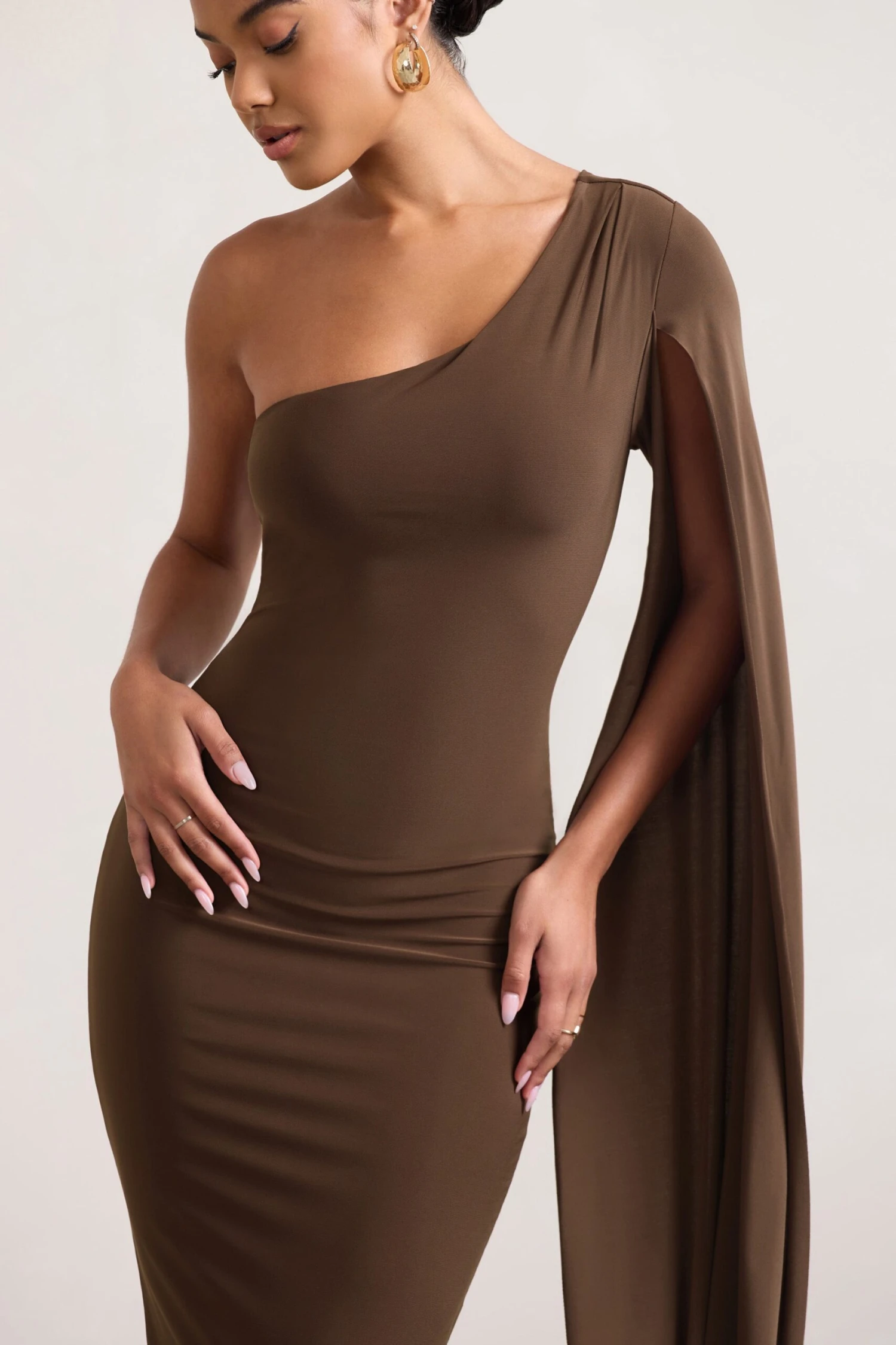 Dominique | Chocolate Brown One Shoulder Cape Sleeve Bodycon Maxi Dress 5 Dominique | Chocolate Brown One Shoulder Cape Sleeve Bodycon Maxi Dress - Image 3