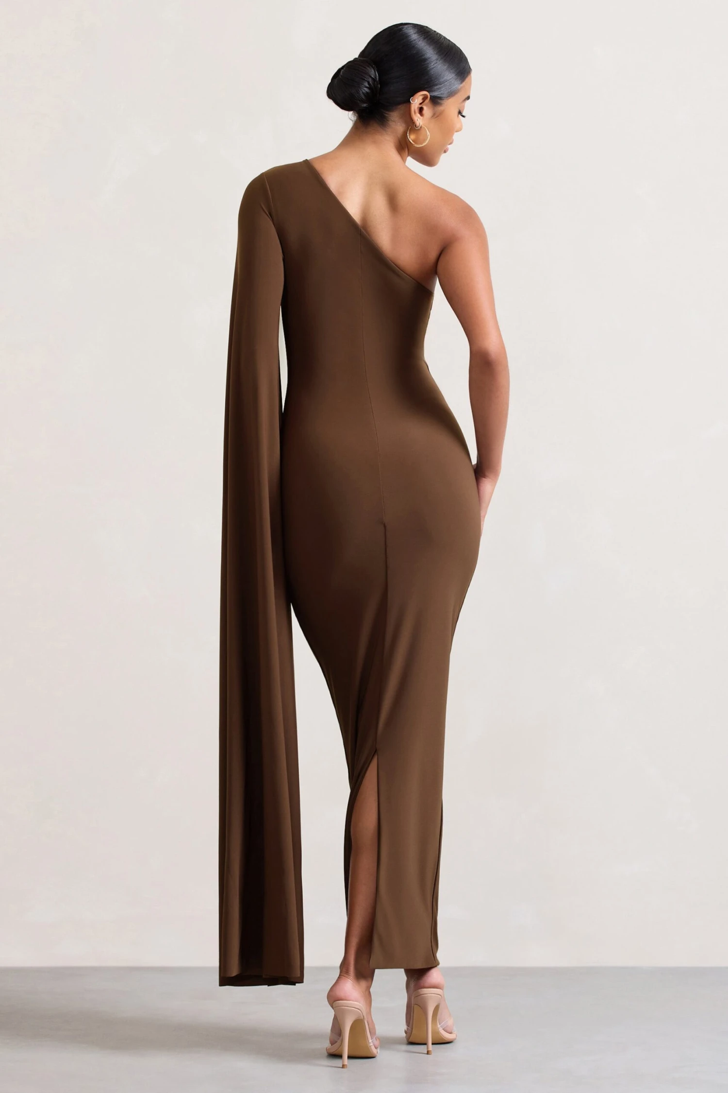 Dominique | Chocolate Brown One Shoulder Cape Sleeve Bodycon Maxi Dress 4 Dominique | Chocolate Brown One Shoulder Cape Sleeve Bodycon Maxi Dress - Image 2