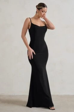 Francoise | Black Cowl Neck Backless Maxi Dress With Lace Insert -Sangyong Store WB HR CL128401 FrancoiseBlackCowlNeckBacklessMaxiDressWithLaceInsert2 eab0268f 14c6 4b32 a5f8 ce7e86c7165a