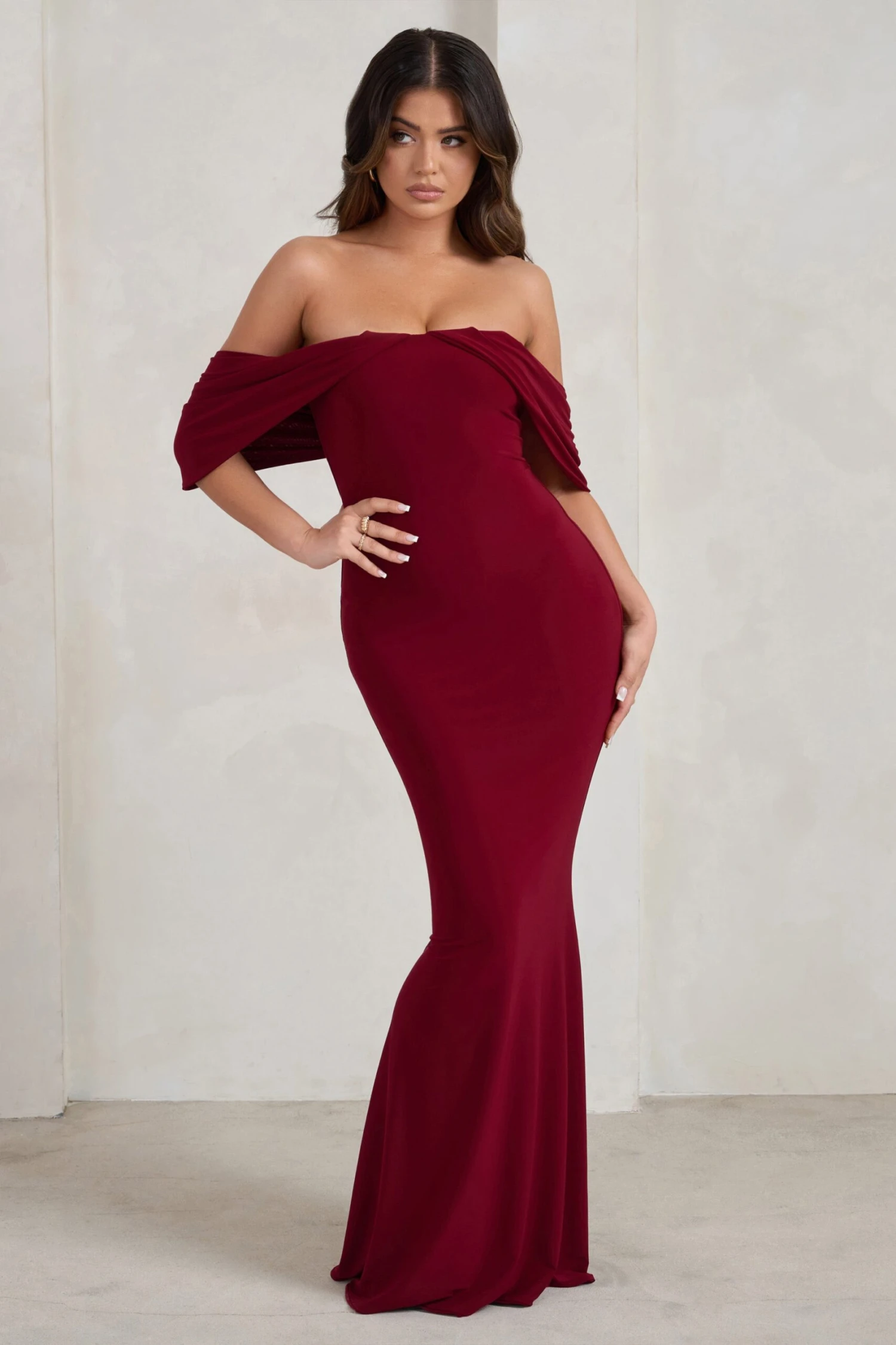 Gabrielle | Berry Red Bardot Neckline With Drape Sleeves Maxi Dress 3 Gabrielle | Berry Red Bardot Neckline With Drape Sleeves Maxi Dress