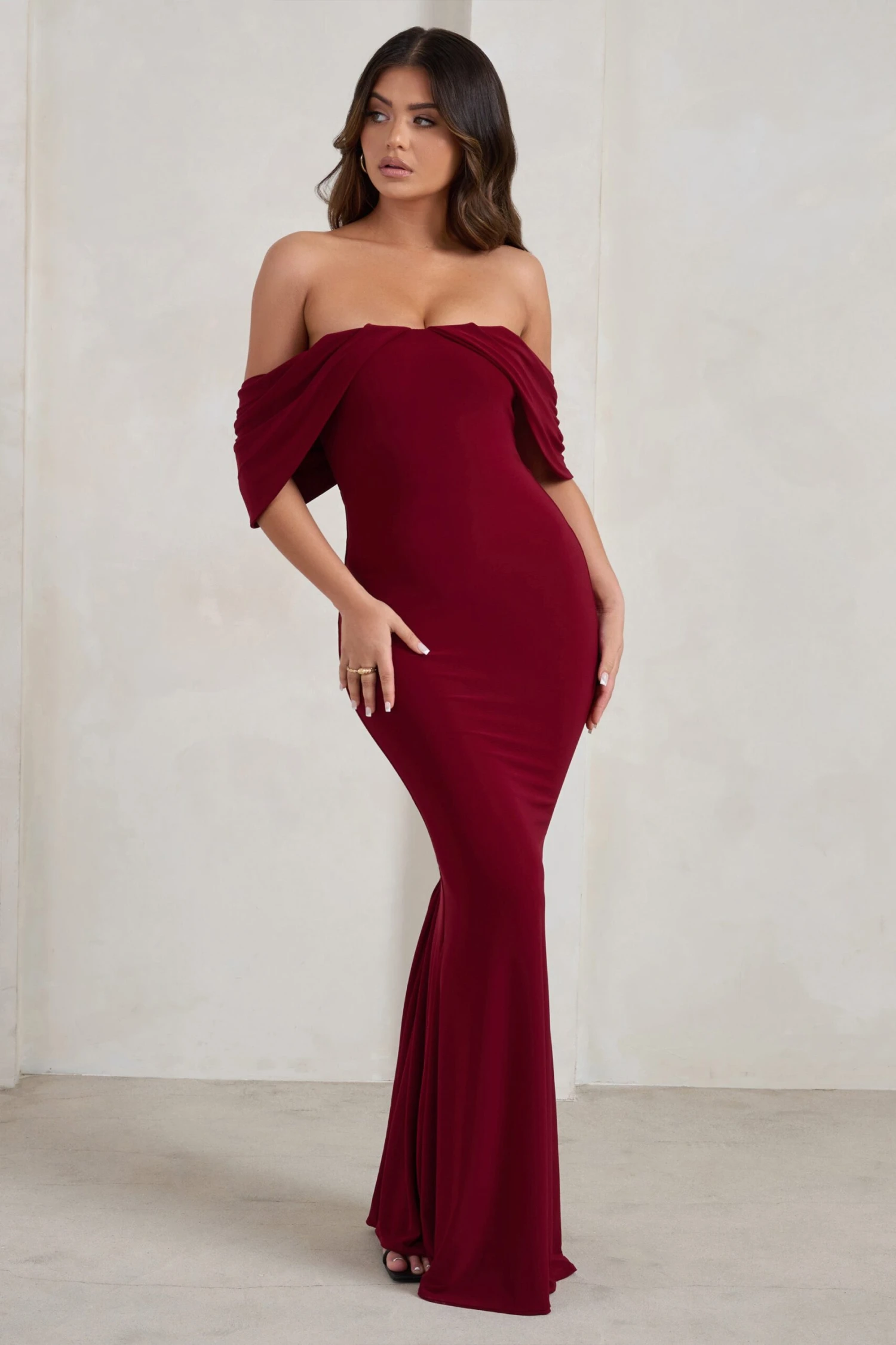 Gabrielle | Berry Red Bardot Neckline With Drape Sleeves Maxi Dress 6 Gabrielle | Berry Red Bardot Neckline With Drape Sleeves Maxi Dress - Image 4