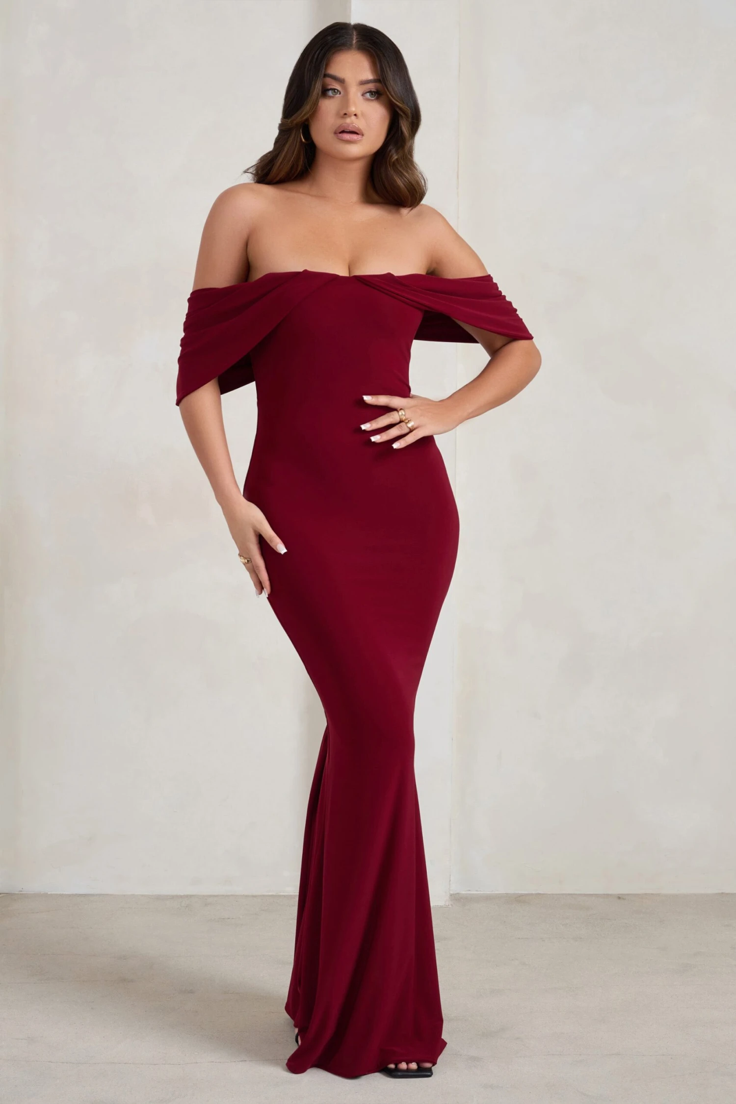 Gabrielle | Berry Red Bardot Neckline With Drape Sleeves Maxi Dress 7 Gabrielle | Berry Red Bardot Neckline With Drape Sleeves Maxi Dress - Image 5