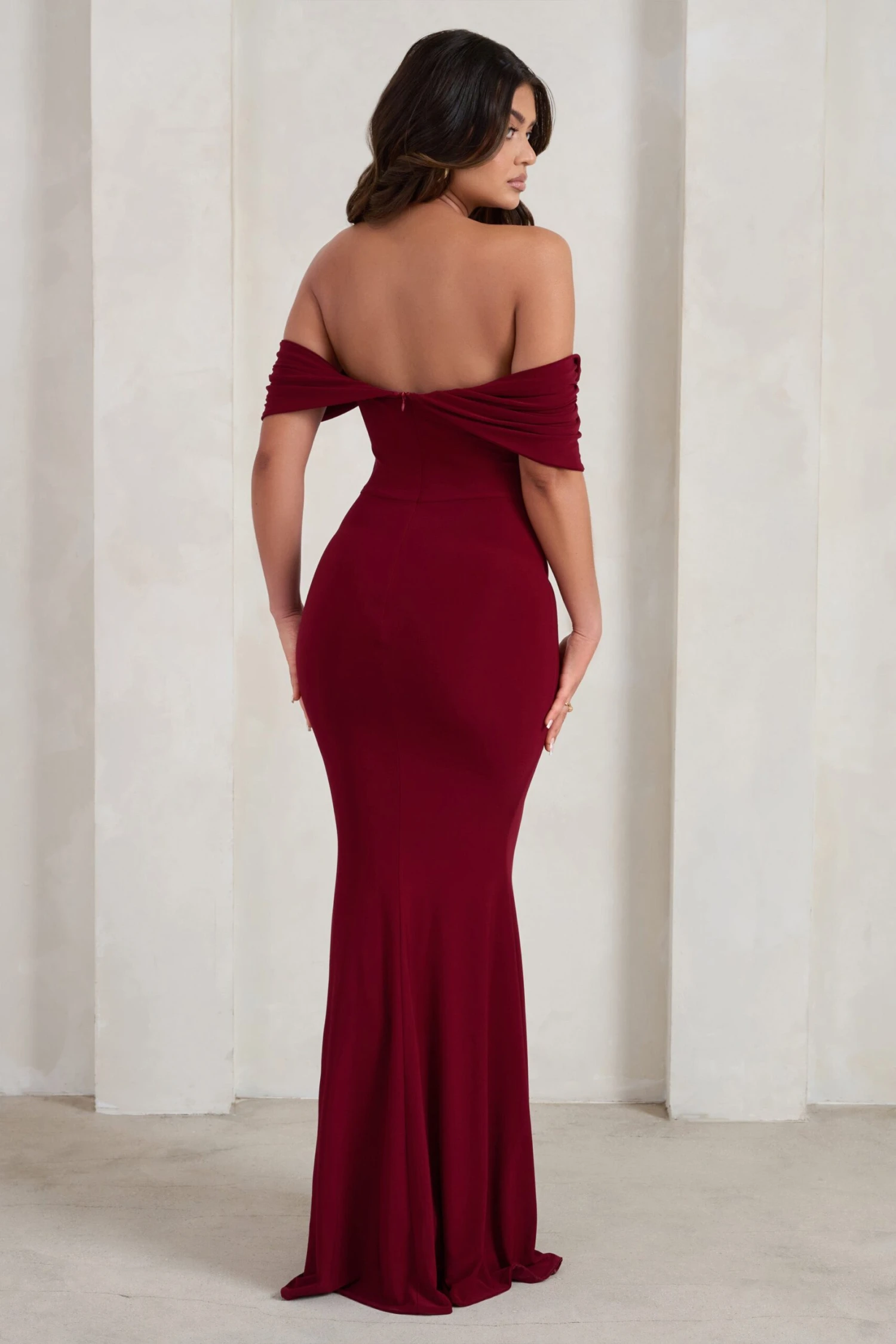 Gabrielle | Berry Red Bardot Neckline With Drape Sleeves Maxi Dress 4 Gabrielle | Berry Red Bardot Neckline With Drape Sleeves Maxi Dress - Image 2