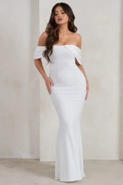 Gabrielle | White Bardot Neckline With Drape Sleeves Maxi Dress -Sangyong Store WB HR CL128402 GabrielleWhiteBardotNecklineWithDrapeSleevesMaxiDress0