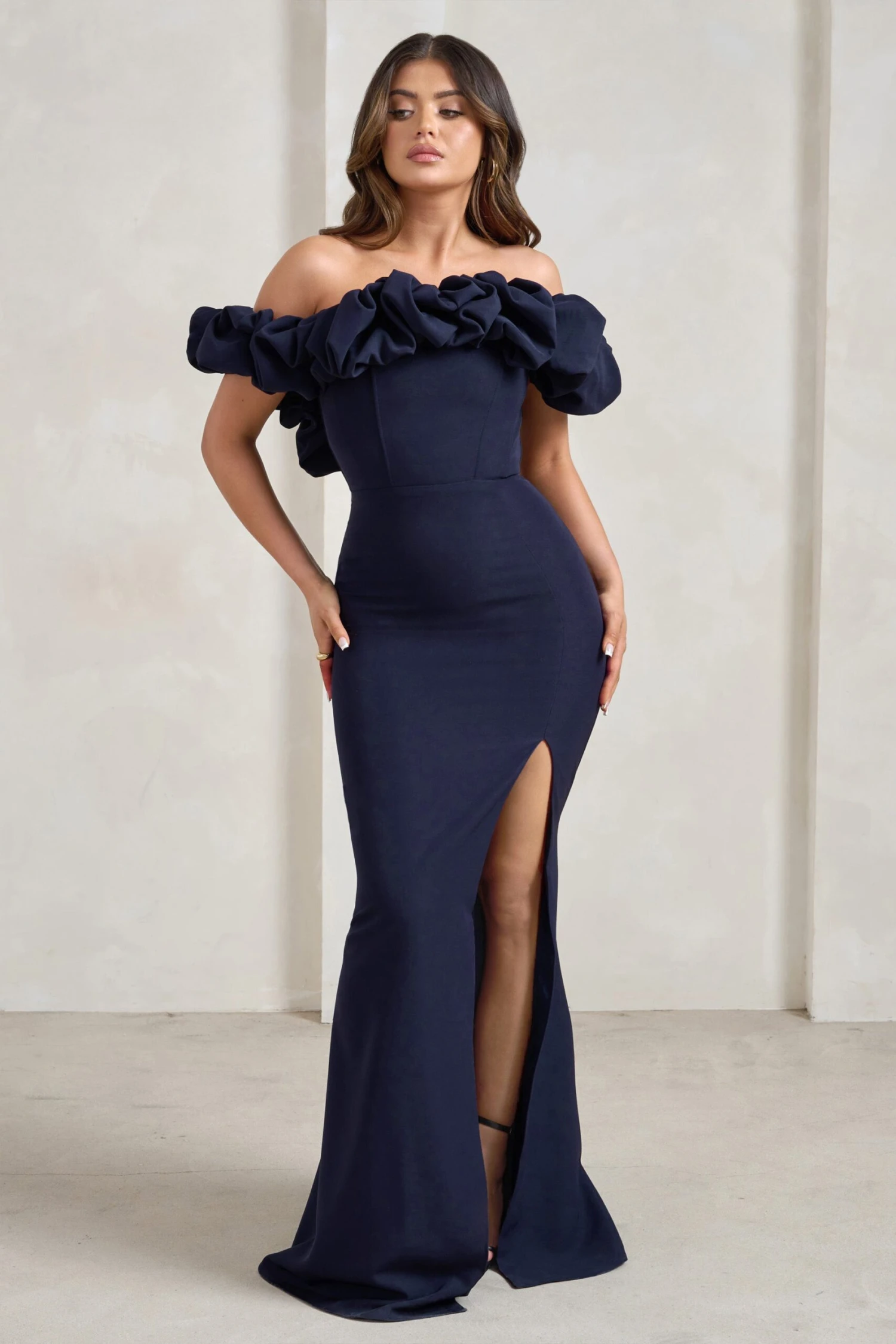 Esmeralda | Navy Structured Statement Bardot Maxi Dress 6 Esmeralda | Navy Structured Statement Bardot Maxi Dress - Image 4