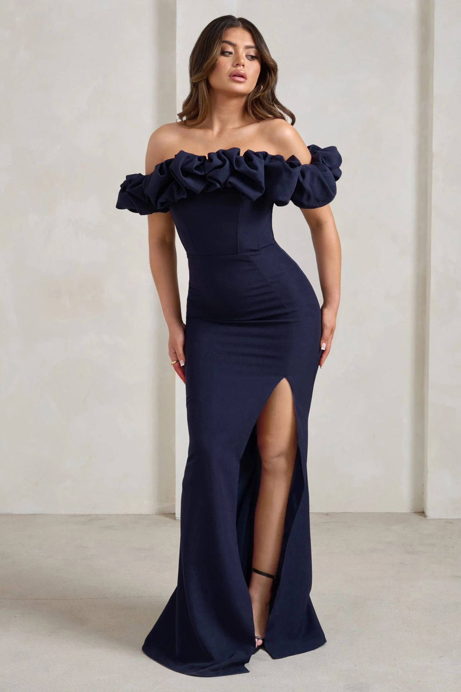 Esmeralda | Navy Structured Statement Bardot Maxi Dress 7 Esmeralda | Navy Structured Statement Bardot Maxi Dress - Image 5