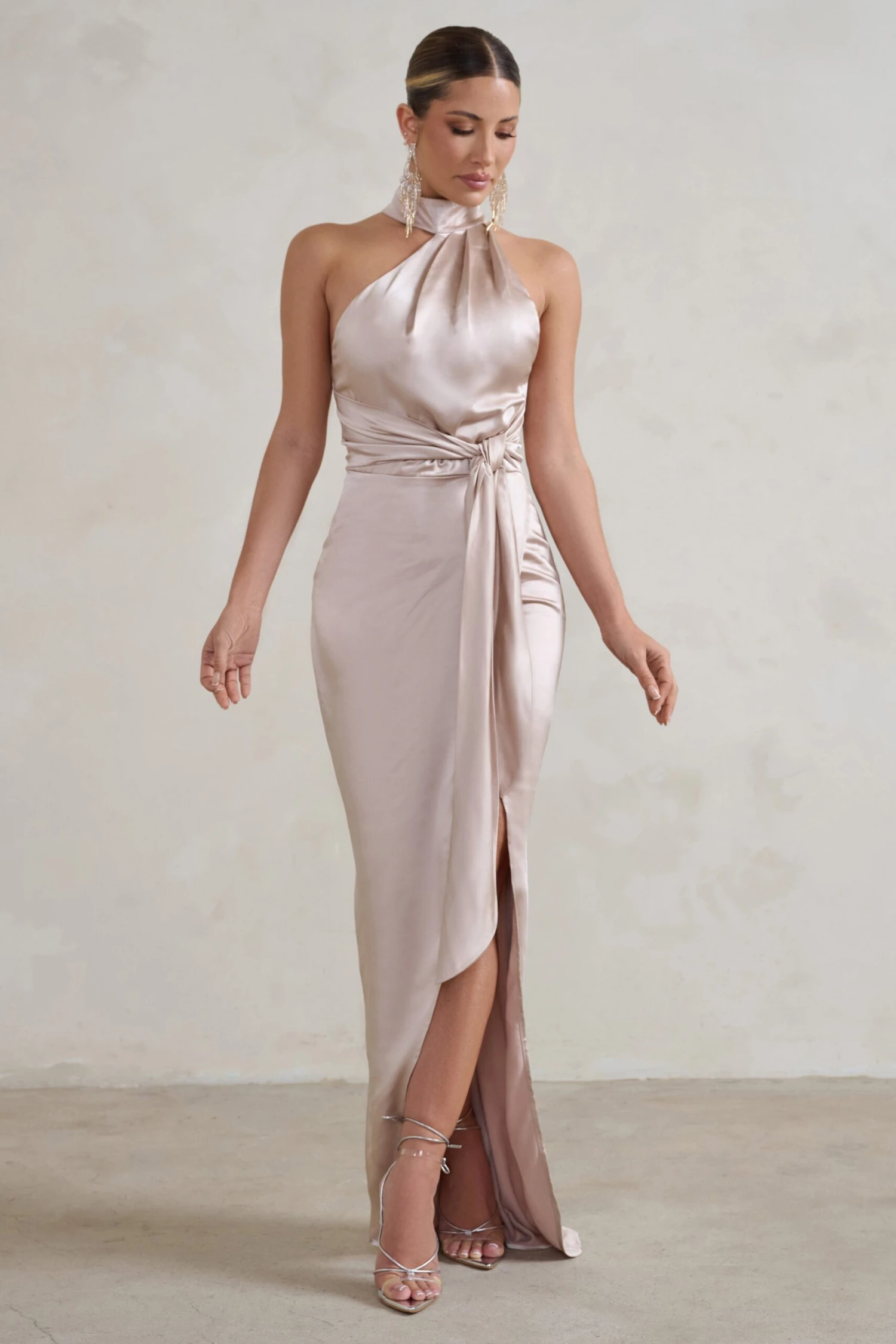 Tattianna | Champagne Asymmetric Tie Detail High Neck Satin Maxi Dress 3 Tattianna | Champagne Asymmetric Tie Detail High Neck Satin Maxi Dress