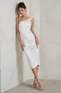 Steffie | Cream Asymmetric Satin Midi Dress -Sangyong Store WB HR CL128414 SteffieCreamAsymmetricSatinMidiDress1