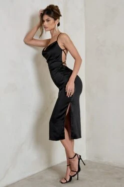 Aja | Black Cowl Cami Midi Dress With Waist Tie -Sangyong Store WB HR CL128415 AjaBlackCowlCamiMidiDressWithWaistTie3