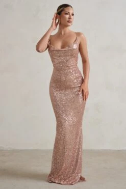 Seeing Stars | Champagne Cowl Cami Sequin Maxi Dress With Waist Tie -Sangyong Store WB HR CL128416 SeeingStarsChampagneCowlCamiSequinMaxiDressWithWaistTie1