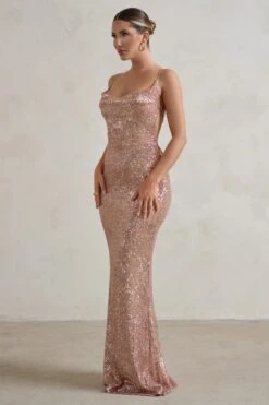 Seeing Stars | Champagne Cowl Cami Sequin Maxi Dress With Waist Tie -Sangyong Store WB HR CL128416 SeeingStarsChampagneCowlCamiSequinMaxiDressWithWaistTie2