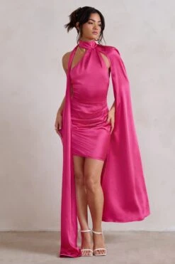 Laurelie | Hot Pink Satin Statement Cape Design Mini Dress -Sangyong Store WB HR CL128424 LaurelieHotPinkSatinStatementCapeDesignMiniDress1