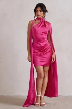 Laurelie | Hot Pink Satin Statement Cape Design Mini Dress -Sangyong Store WB HR CL128424 LaurelieHotPinkSatinStatementCapeDesignMiniDress2
