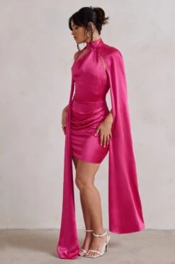 Laurelie | Hot Pink Satin Statement Cape Design Mini Dress -Sangyong Store WB HR CL128424 LaurelieHotPinkSatinStatementCapeDesignMiniDress3