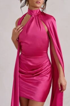 Laurelie | Hot Pink Satin Statement Cape Design Mini Dress -Sangyong Store WB HR CL128424 LaurelieHotPinkSatinStatementCapeDesignMiniDress4