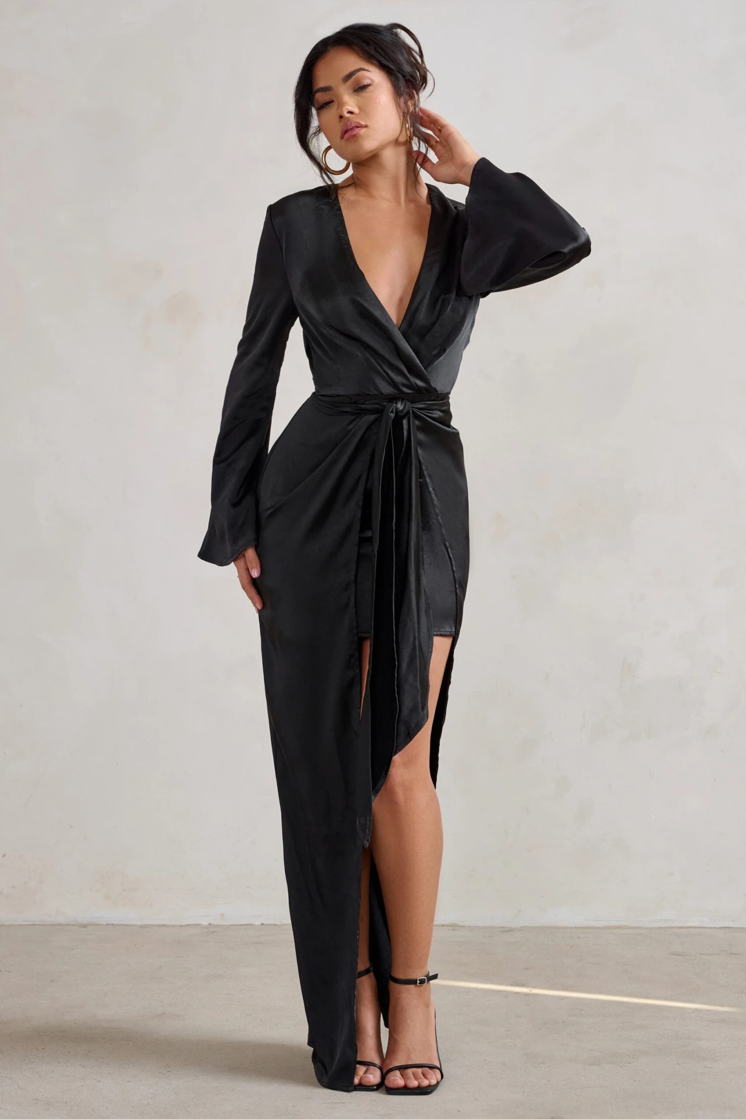 Patricia | Black Extreme Plunge Long Sleeve Maxi Dress With Tie Detail 3 Patricia | Black Extreme Plunge Long Sleeve Maxi Dress With Tie Detail