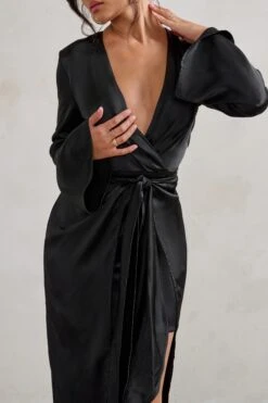 Patricia | Black Extreme Plunge Long Sleeve Maxi Dress With Tie Detail 9 Patricia | Black Extreme Plunge Long Sleeve Maxi Dress With Tie Detail -Sangyong Store WB HR CL128428 PatriciaBlackExtremePlungeLongSleeveMaxiDressWithTieDetail3