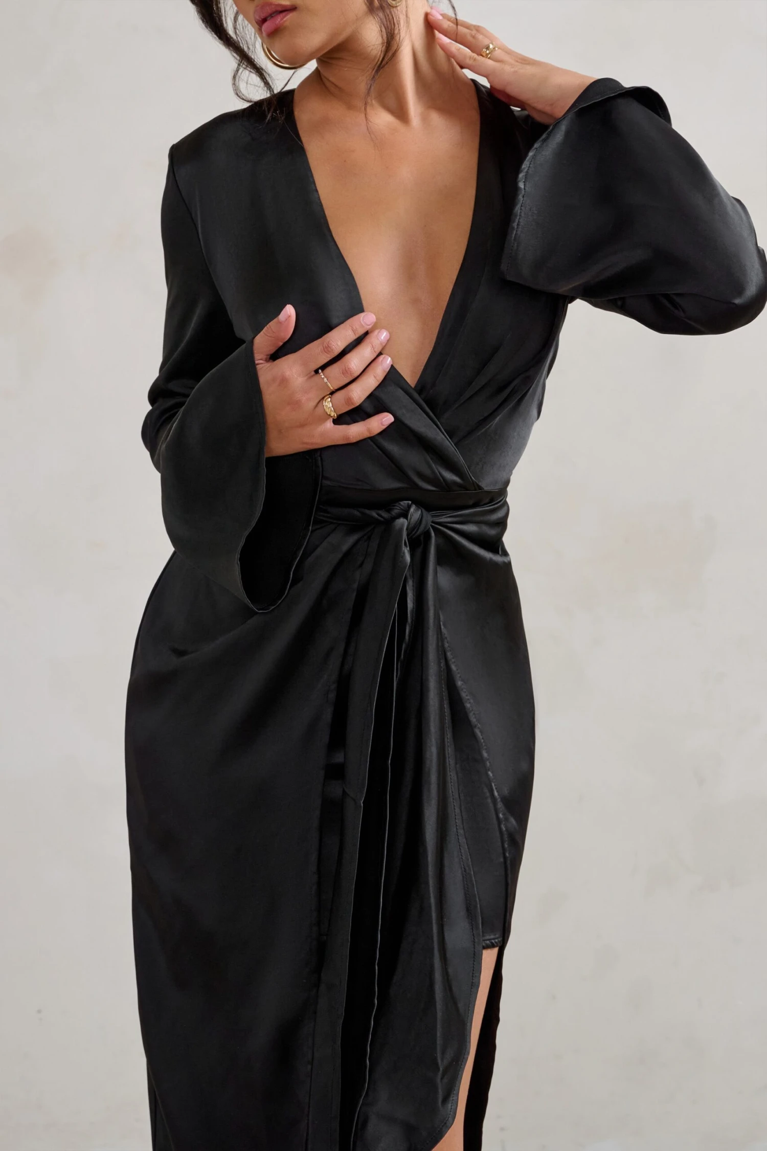 Patricia | Black Extreme Plunge Long Sleeve Maxi Dress With Tie Detail 5 Patricia | Black Extreme Plunge Long Sleeve Maxi Dress With Tie Detail - Image 3