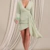 Mae | Mint Wrap Mini Dress With Drape And Feather Cuffs -Sangyong Store WB HR CL128456003 MaeMintWrapMiniDressWithDrapeAndFeatherCuffs3