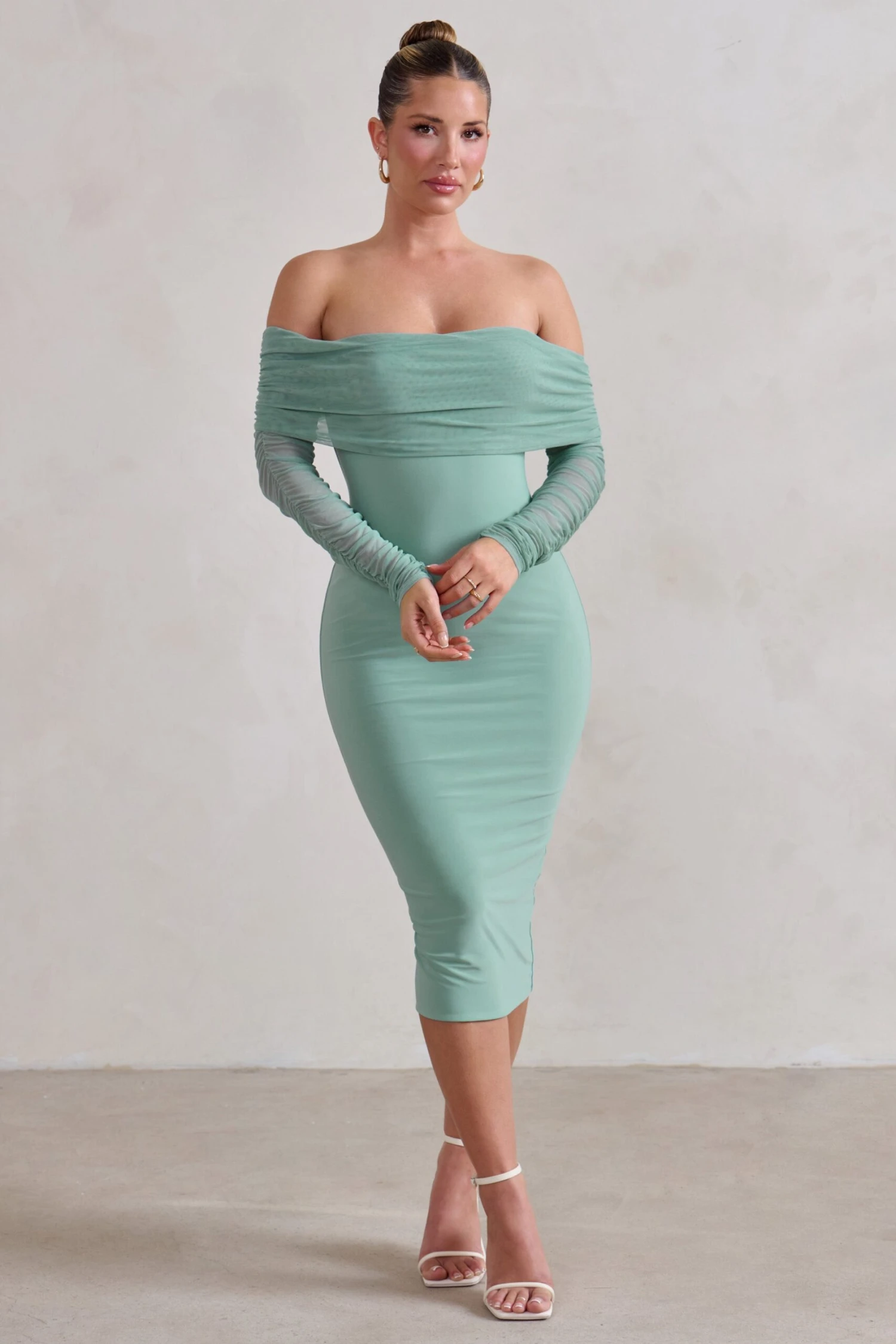 Only You | Sage Ruched Mesh Bardot Midi Dress 6 Only You | Sage Ruched Mesh Bardot Midi Dress - Image 4