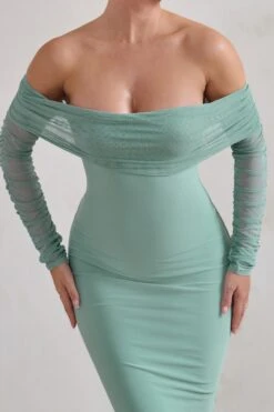 Only You | Sage Ruched Mesh Bardot Midi Dress 8 Only You | Sage Ruched Mesh Bardot Midi Dress -Sangyong Store WB HR CL1284595 OnlyYouSageRuchedMeshBardotMidiDress3