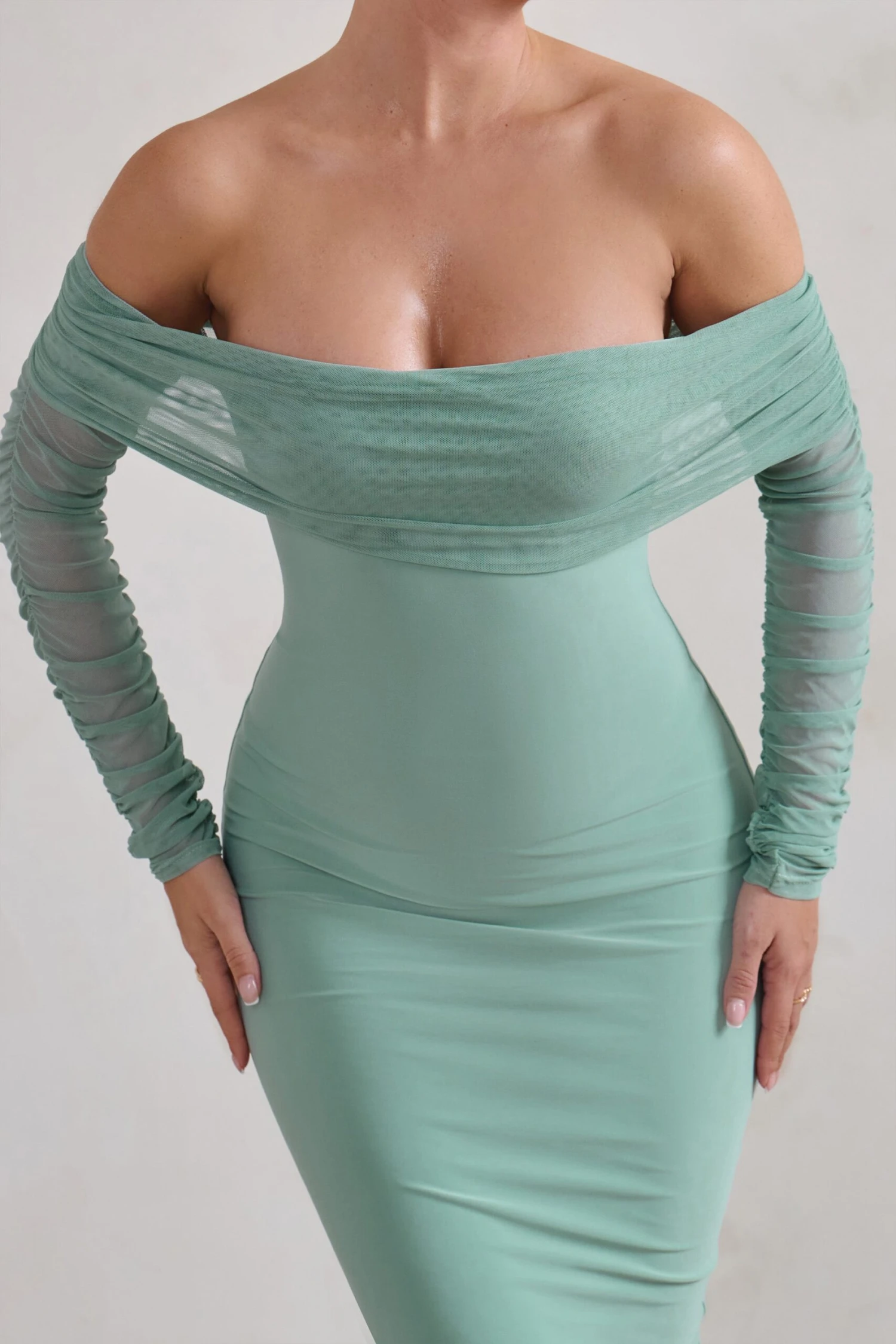 Only You | Sage Ruched Mesh Bardot Midi Dress 5 Only You | Sage Ruched Mesh Bardot Midi Dress - Image 3