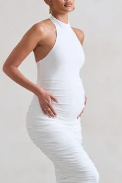 Chrissy | White Maternity Halterneck Ruched Midi Dress -Sangyong Store WB HR CL128471 ChrissyWhiteMaternityHalterneckRuchedMidiDress5