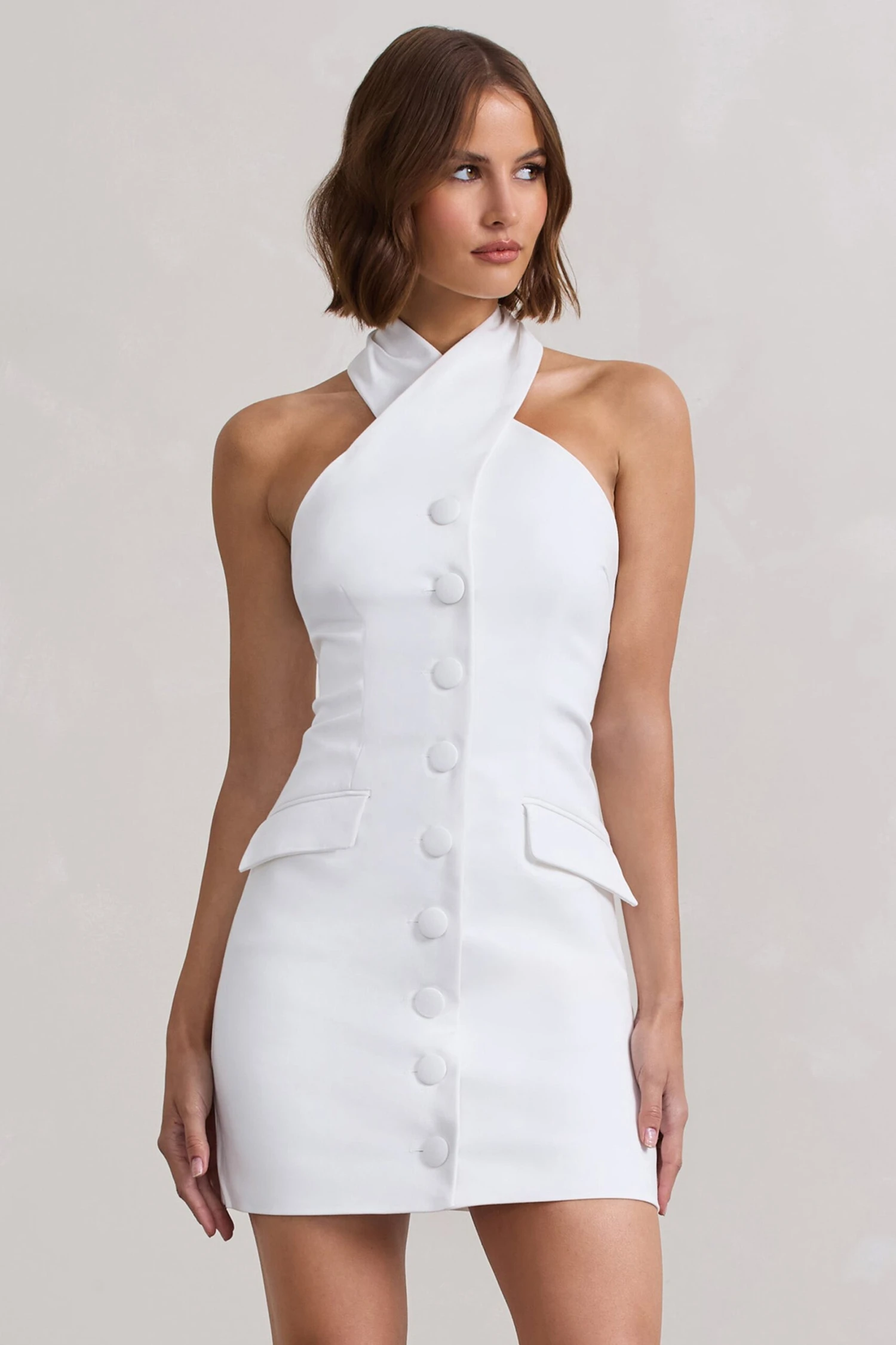 Dani | White Halter Neck Tailored Buttoned Bodycon Mini Dress 3 Dani | White Halter Neck Tailored Buttoned Bodycon Mini Dress