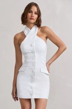 Dani | White Halter Neck Tailored Buttoned Bodycon Mini Dress 11 Dani | White Halter Neck Tailored Buttoned Bodycon Mini Dress -Sangyong Store WB HR CL128487005 DaniWhiteHalterNeckTailoredButtonedBodyconMiniDress5