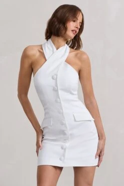 Dani | White Halter Neck Tailored Buttoned Bodycon Mini Dress 12 Dani | White Halter Neck Tailored Buttoned Bodycon Mini Dress -Sangyong Store WB HR CL128487005 DaniWhiteHalterNeckTailoredButtonedBodyconMiniDress6