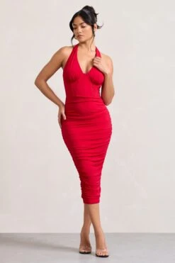 Amy | Red Halter-Neck Corset Ruched Midi Dress -Sangyong Store WB HR CL128700004 AmyRedHalter NeckCorsetRuchedMidiDress0