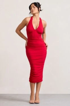 Amy | Red Halter-Neck Corset Ruched Midi Dress -Sangyong Store WB HR CL128700004 AmyRedHalter NeckCorsetRuchedMidiDress4